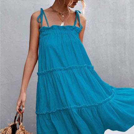 Tie-Shoulder Frill Trim Sleeveless Dress
