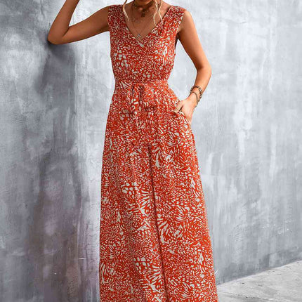 Printed V-Neck Tie Waist Maxi Dress