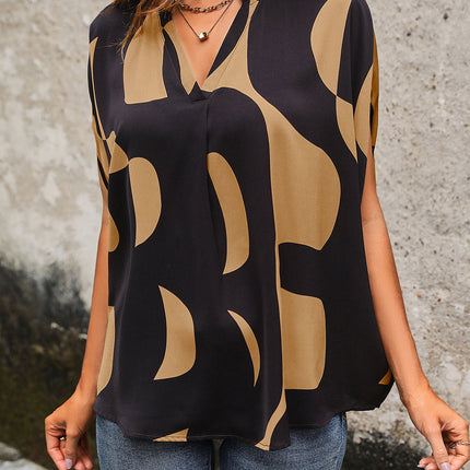 Printed Notched Slit Half Sleeve Blouse