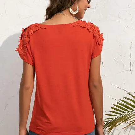 Women's Casual Lace Stitched V-Neck Pullover Short Sleeve Tops
