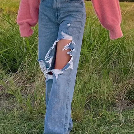 Vaqueros de pierna recta rasgados con personalidad suelta para mujer 