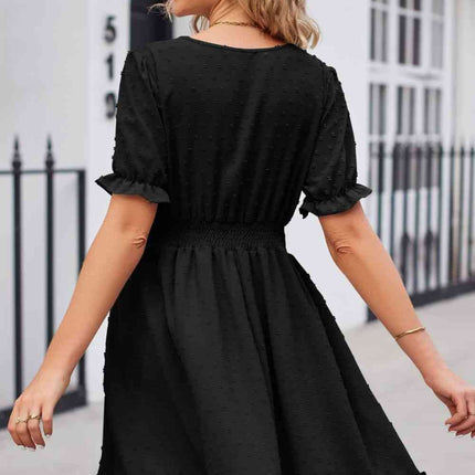 Swiss Dot Frill Trim Flounce Sleeve V-Neck Dress