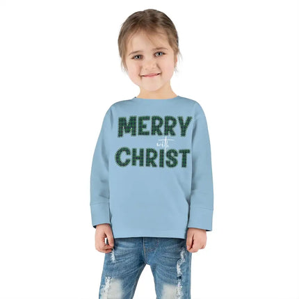 Long Sleeve Graphic T-Shirt for Toddlers, Merry With Christ, Green Plaid Christmas Holiday Pattern Print