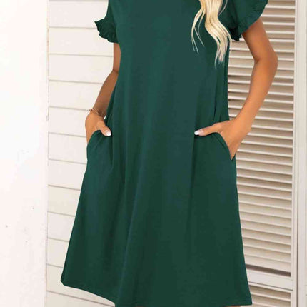 Flounce Sleeve Round Neck Dress with Pockets