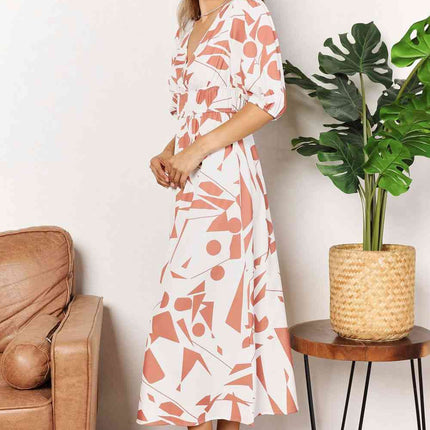 Double Take Printed Surplice Balloon Sleeve Dress - Vickie Lynn's