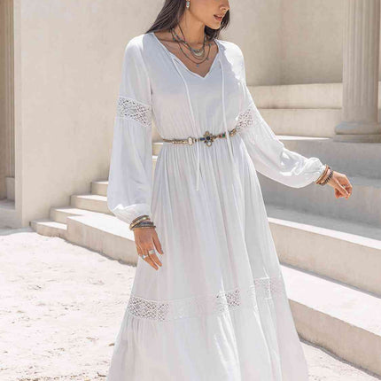 Tie Neck Long Sleeve Midi Tiered Dress