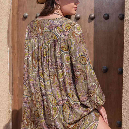 Plus Size Printed V-Neck Long Sleeve Midi Dress