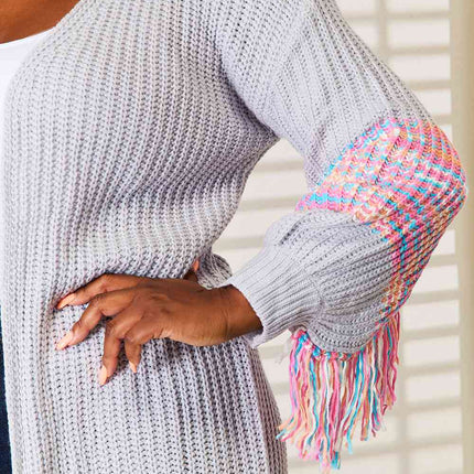 Woven Right Fringe Sleeve Dropped Shoulder Cardigan - Vickie Lynn's