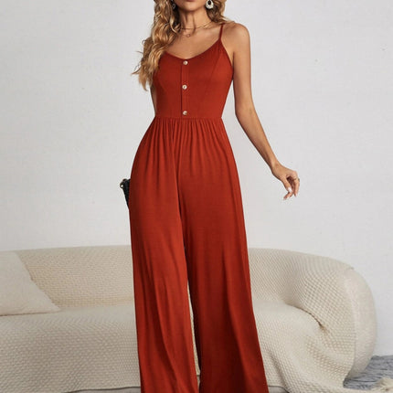 Decorative Button Spaghetti Strap Wide Leg Jumpsuit