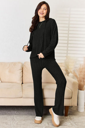 Basic Bae Full Size Ribbed Drawstring Hood Top and Straight Pants Set - Vickie Lynn's