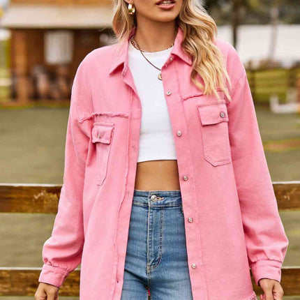 Button Up Collared Neck Raw Hem Denim Top