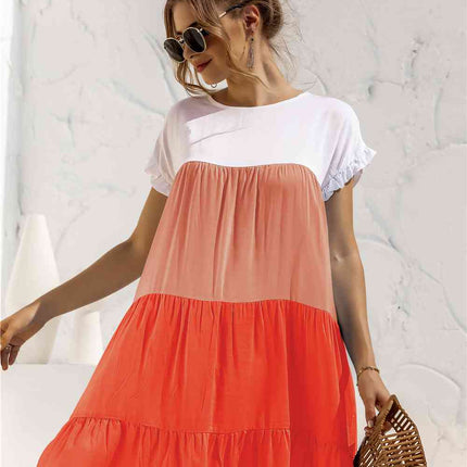 Color Block Round Neck Ruffle Hem Dress