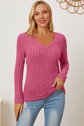 Basic Bae Full Size Ribbed V-Neck Long Sleeve T-Shirt - Vickie Lynn's