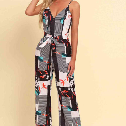 Printed Spaghetti Strap Tied Jumpsuit
