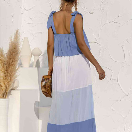 Color Block Tie Shoulder Tiered Sleeveless Dress