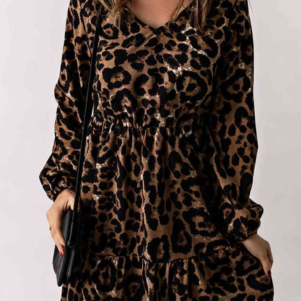 Leopard V-Neck Balloon Sleeve Tiered Dress