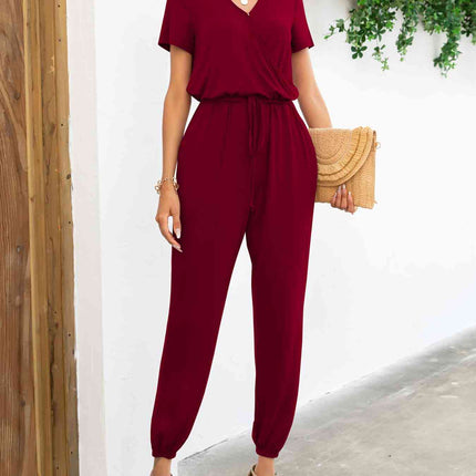 Short Sleeve V-Neck Jumpsuit with Pockets