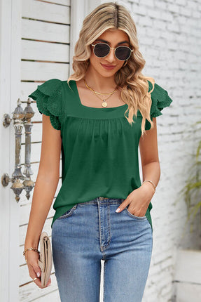 Eyelet Square Neck Cap Sleeve Blouse