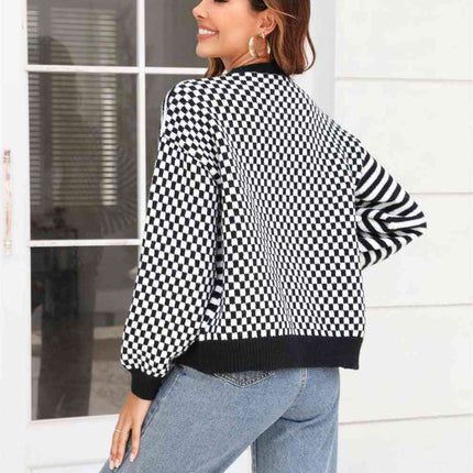 Button-Down Stripe & Plaid Contrast Pattern Cardigan