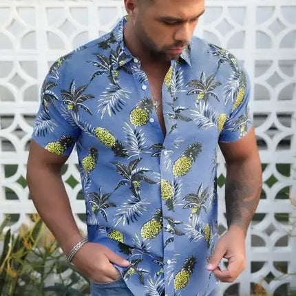 Sky Blue Men's Hawaiian Printed Turn-down Collar Button Short Sleeve Shirt