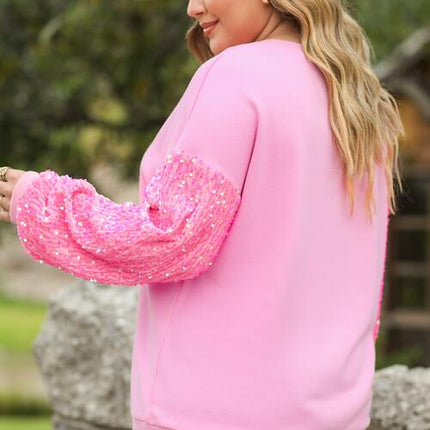 Plus Size Sequin Round Neck Dropped Shoulder Sweatshirt