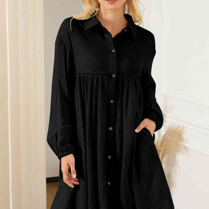 Buttoned Collared Neck Dropped Shoulder Mini Dress