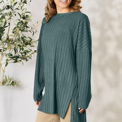 Basic Bae Full Size Ribbed Round Neck Long Sleeve Slit Top - Vickie Lynn's