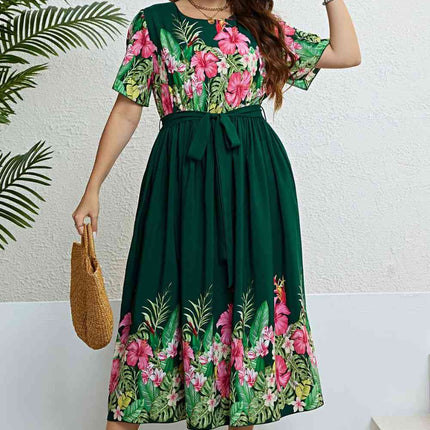 Floral Tie-Waist Round Neck Dress - Vickie Lynn's