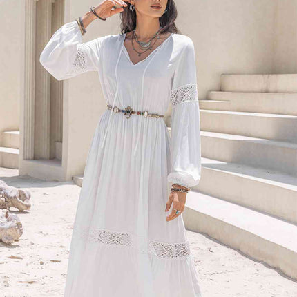 Tie Neck Long Sleeve Midi Tiered Dress