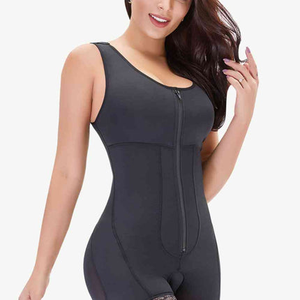 Full Size Zip-Up Scoop Neck Lace Trim Shapewear