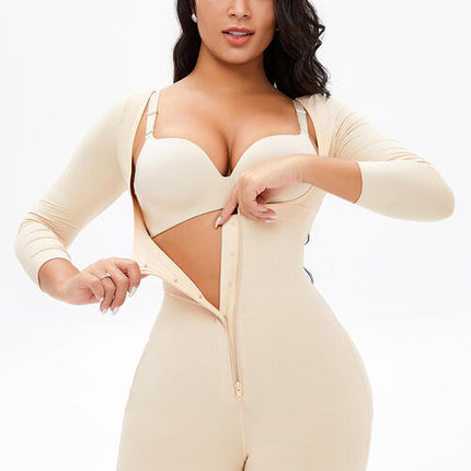 Full Size Zip Up Lace Detail Long Sleeve Shapewear