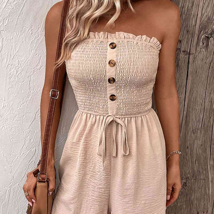Decorative Button Smocked Strapless Romper - Vickie Lynn's