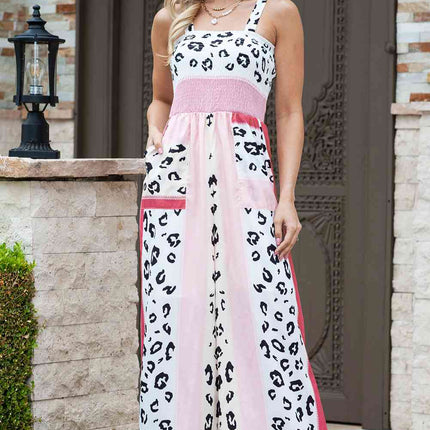 Leopard Color Block Smocked Jumpsuit