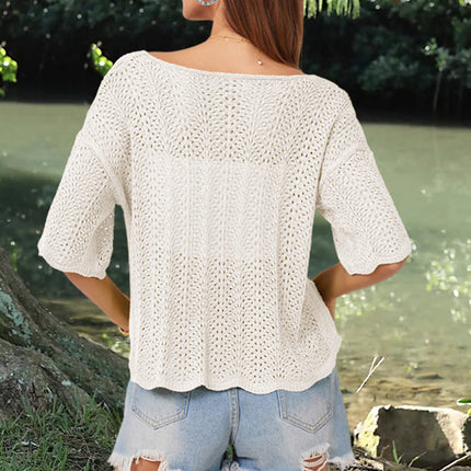 Openwork Round Neck Half Sleeve Knit Top