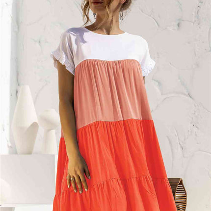 Color Block Round Neck Ruffle Hem Dress