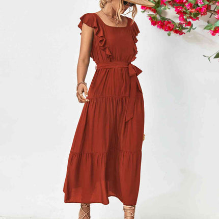 Tie Belt Ruffled Tiered Dress