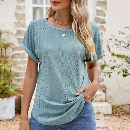 Full Size Round Neck Eyelet Short Sleeve Top