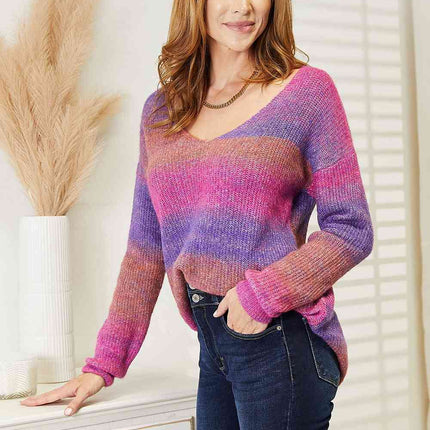 Double Take Multicolored Rib-Knit V-Neck Knit Pullover - Vickie Lynn's
