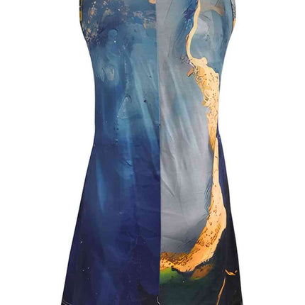 Abstract Print Round Neck Sleeveless Dress with Pockets