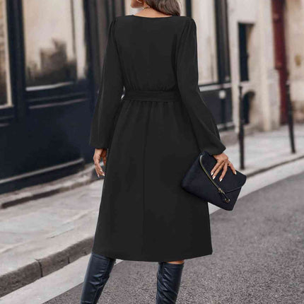 Buttoned Tie Front Long Sleeve Asymmetrical Neck Dress