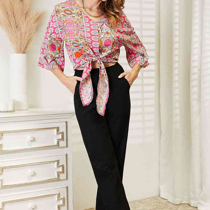 Double Take Tie Hem V-Neck Three-Quarter Sleeve Blouse - Vickie Lynn's