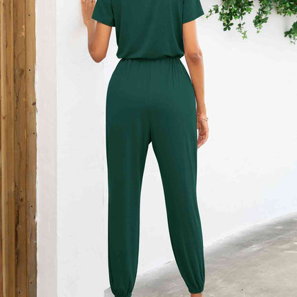Short Sleeve V-Neck Jumpsuit with Pockets
