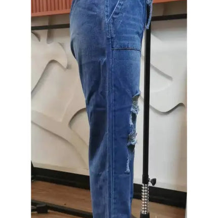 Women's Jeans With Ripped Drawstring Elastic Waist And Washed