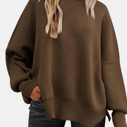 Round Neck Drop Shoulder Slit Sweater