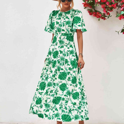 Floral Round Neck Tied Open Back Dress