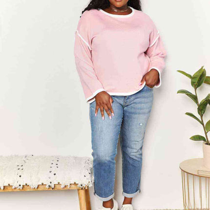 Double Take Contrast Detail Dropped Shoulder Knit Top - Vickie Lynn's