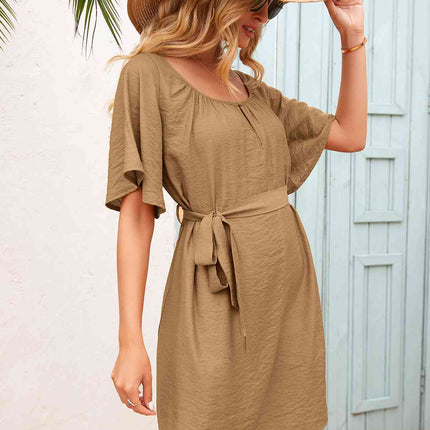 Tie Waist Flutter Sleeve Mini Dress