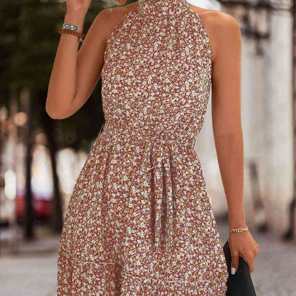 Floral Frill Trim Keyhole Sleeveless Dress