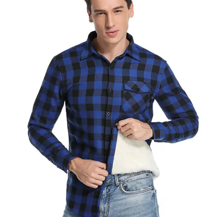 Men's Flannel Plaid Plus Velvet Long Sleeve Shirt