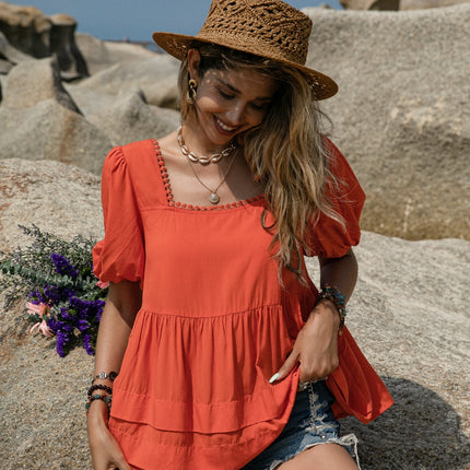 Peplum Square Neck Short Sleeve Blouse